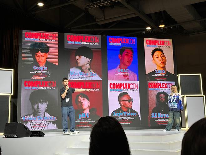 ComplexCon staff introduce hip hop artists featured at ComplexCon Hong Kong, which took place from March 22 to 24. (Park Ga-young/The Korea Herald)