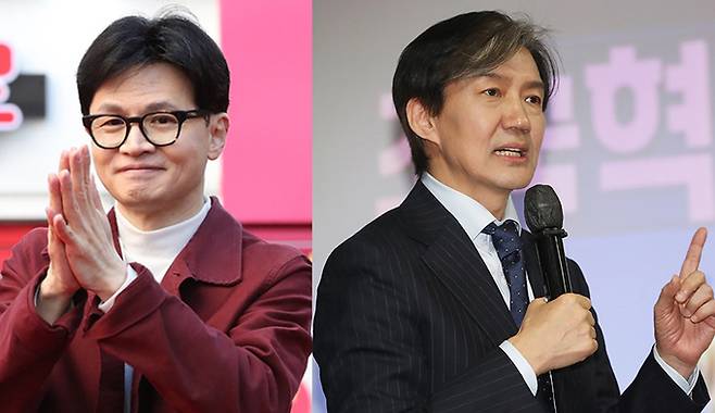 한동훈 국민의힘 비상대책위원장(왼쪽) 공동취재사진. 조국 조국혁신당 대표(오른쪽) 뉴시스