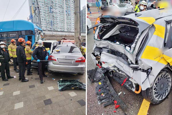 24일 오전 부산 부산진구 양정동 하마정 교차로에서 시내버스가 차량 3대를 잇따라 들이받는 사고가 발생했다. 오른쪽 사진은 버스가 추돌해 파손된 택시의 모습.  부산경찰청 제공