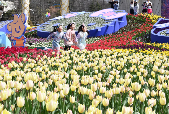 24일 경기도 용인시 에버랜드 포시즌스 가든을 찾은 어린이들이 활짝 핀 튤립 꽃길을 거닐며 봄기운을 만끽하고 있다.(사진=뉴시스)