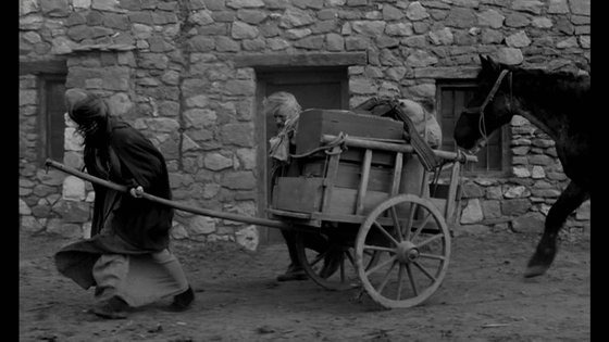 헝가리 영화 ‘토리노의 말’. 1889년 1월 3일 이탈리아 토리노에서 프리드리히 니체가 마부로부터 채찍질을 당하고 있던 말을 붙잡고 울었던 일화를 모티브로 하고 있다. 영화의 주인공은 니체가 아니라 그 일화에 등장한 말과 마부 그리고 마부의 딸의 이후의 이야기를 다루고 있다. [영상 캡처]