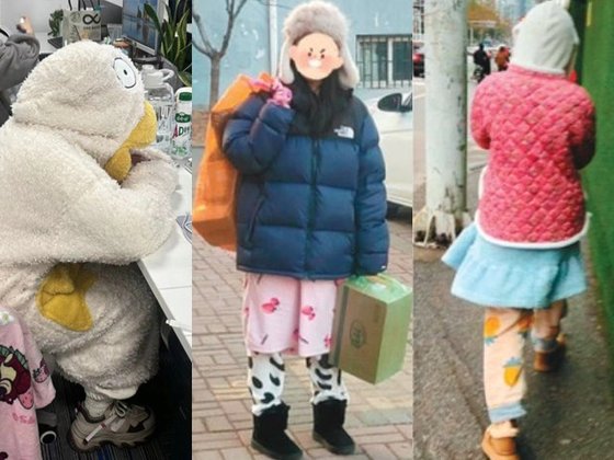 중국 SNS 샤오홍슈(Xiaohongshu)에 '출근복'으로 올라온 인증 사진들. 잠옷용 털바지와 슬리퍼, 수면 양말을 신은 모습으로 중국 청년들의 지지를 받고 있다. 사진 샤오홍슈 캡처