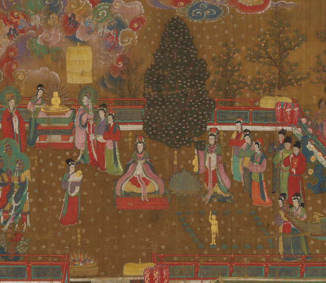 조선시대 15세기 제작된 ‘석가탄생도’의 일부. 석가모니를 출산한 마야부인이 나무 밑에 조선 왕실 여성의 ‘큰머리’를 연상시키는 머리를 한 채 앉아 있다.  혼가쿠지. 사진촬영 Ochiai Haruhiko