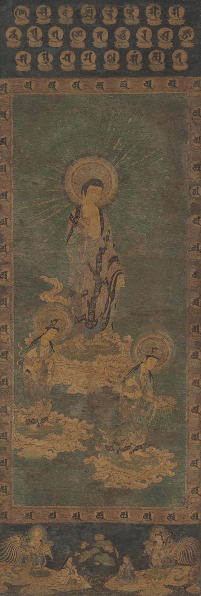 자수 아미타여래삼존내영도, 일본 가마쿠라 혹은 난보쿠초시대, 13-14세기, 평견에 자수, 전체 154.0x59.0cm 호곤지