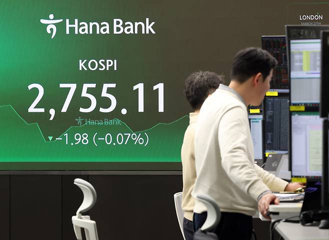27일 서울 중구 하나은행 본점 딜링룸에서 직원들이 업무를 보고 있다. [사진 제공 = 연합뉴스]