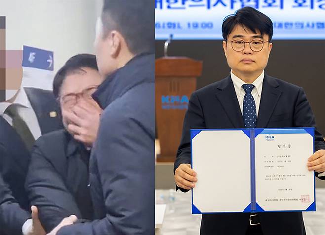 '입틀막(입을 틀어막힘)' 당한 채 끌려 나가는 모습.(왼쪽) 임현택 회장 제공. 임현택 신임 대한의사협회장이 26일 오후 서울 용산구 대한의사협회에서 열린 결선 투표에서 당선된 후 당선증을 들어보이고 있다. (오른쪽)연합뉴스