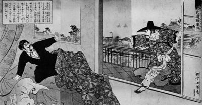 암살당하는 김옥균(출처: Utagawa Kunimasa, 신문삽화(1894), Wikimedia Commons, Public Domain)