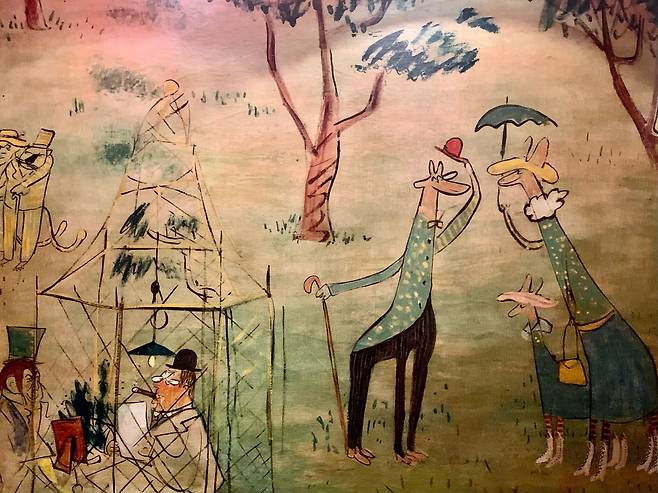 ‘베멀먼즈 바(Bemelmans Bar)’의 내부 벽화. ‘센트럴 파크’라는 제목 주인공 마들린느가 11명의 친구들과 센트럴 파크에서 사계절 노는 걸 그렸다.