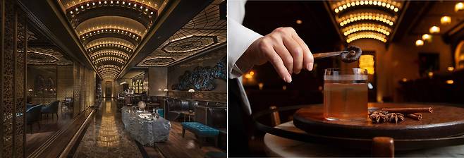 포시즌스 호텔 서울의 '찰스 h.'. 호화스럽고도 비밀스러운 분위기 덕에 여러 영화·드라마의 무대가 됐다. 오른쪽 사진은 인기 메뉴인 홍콩 칵테일 '구룡 올드 패션드'. 사진 포시즌스 호텔 서울