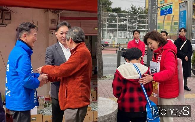 서울 동작을이 4·10 총선의 최대 격전지로 꼽힌다. 사진은 시민들과 인사를 나누는 류 전 총경(왼쪽)과 나 전 의원(오른쪽). /사진=차화진 기자