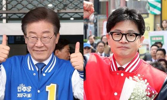 이재명 더불어민주당 대표가 28일 인천 계양역에서 출근 인사를 하고 있다.(왼쪽사진) 한동훈 국민의힘 비대위원장이 27일 인천 모래내시장에서 유권자와 인사하고 있다. 연합뉴스, 전민규 기자