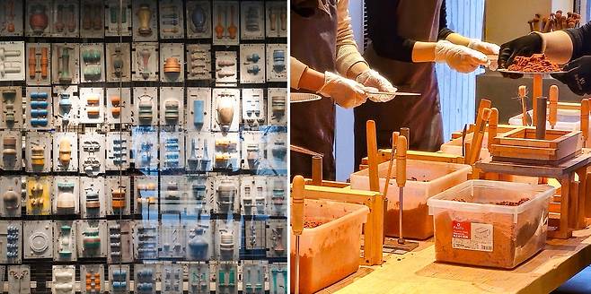 왼쪽부터 노사쿠 형틀, 주석 제품 만들기 체험. [사진/백승렬 기자]