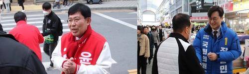 선거 운동 중인 국민의힘 윤창현, 민주당 장철민 후보 [후보 캠프 제공. 재판매 및 DB 금지]