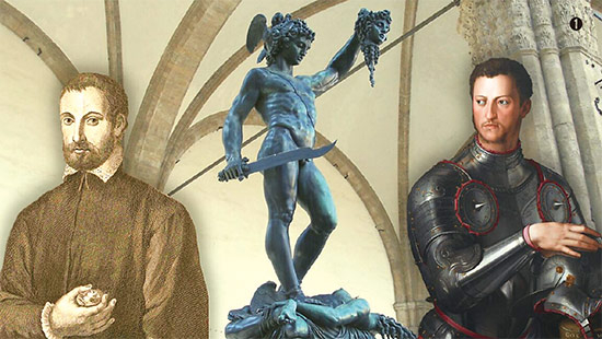 (1) 벤베누토 첼리니, 페르세우스, 1545~1554년, 로지아 데이 란치, 피렌체. 왼쪽이 첼리니, 오른쪽이 메디치 가문의 후견인 코지모 1세로 이 조각을 제작하도록 후원.
