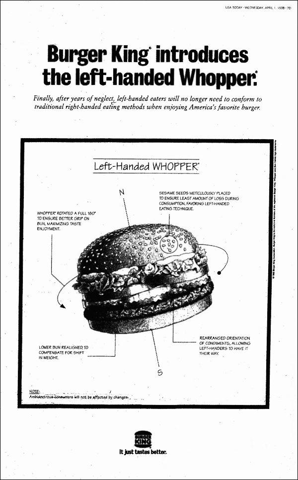 1998년 4월 미국의 유일한 전국지인 USA투데이에 실린 버거킹의 왼손잡이용 와퍼 전면 광고. 이 광고는 컬러인 것으로 추정되지만 현재로선 흑백 형태로만 볼 수 있다.