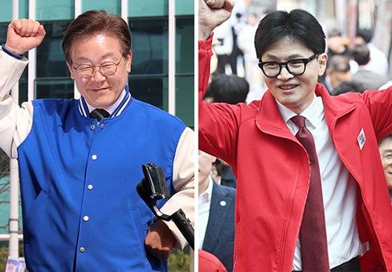 27일 충북 청주를 방문해 시민과 인사를 나누는 이재명 민주당 대표(왼쪽 사진)와 인천에서 대학생과 만난 한동훈 국민의힘 비상대책위원장 겸 총괄선대위원장. 전민규 기자