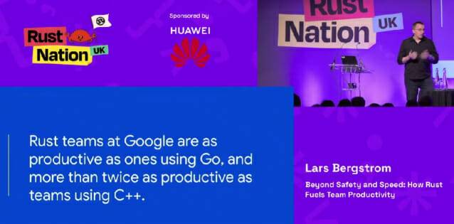 구글 라스 버그스트롬 엔지니어링 이사가 러스트 네이션 UK 컨퍼런스에서 발표했다(이미지=러스트 네이션 UK 컨퍼런스)