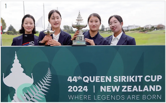 1 퀸 시리키트컵 단체전 우승을 차지한 한국 국가대표팀이 기념 촬영을 하고 있다. (왼쪽부터) 민나온 코치, 오수민, 김시현, 이효송. 사진 대한골프협회