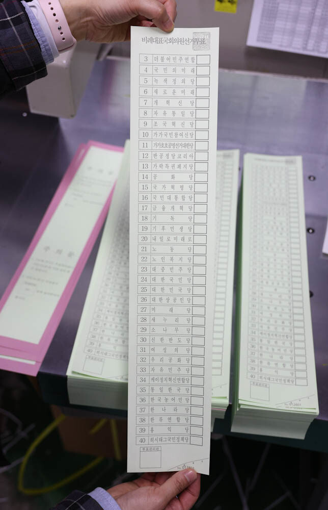 제22대 국회의원 선거 투표용지 인쇄가 시작된 1일 오전 서울 중구의 한 인쇄소에서 종로구선거관리위원회 직원이 인쇄된 비례대표 투표용지를 들어 보이고 있다. 김정효 기자 hyopd@hani.co.kr