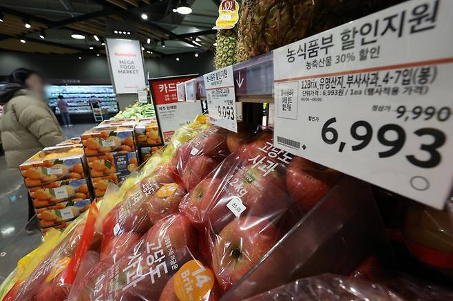지난달 31일 서울의 한 대형마트에서 고객이 사과를 살펴보고 있다. 국내 사과 가격이 주요 95개국 중 가장 비싼 것으로 나타났다. 사진 = 뉴시스