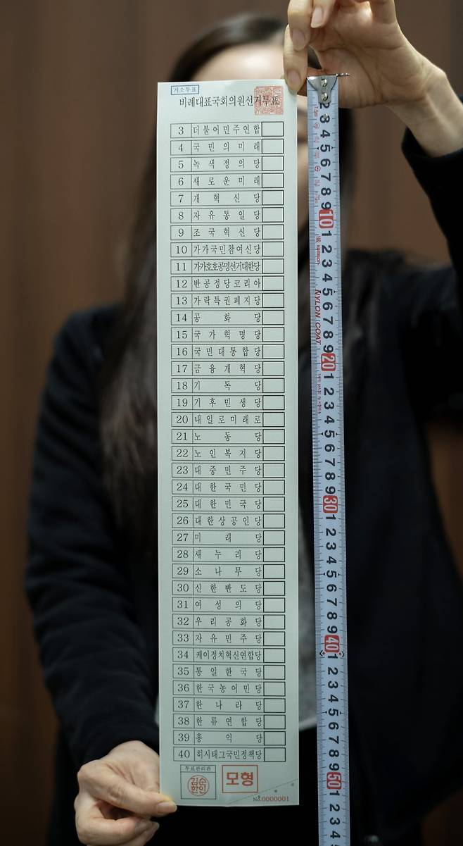 역대 최장 51.7cm를 기록한 4.10 총선 비례대표 투표용지. 뉴시스