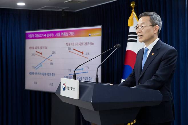 이종호 과학기술정보통신부 장관이 지난달 28일 서울 종로구 정부서울청사 본관 브리핑룸에서 ‘가계통신비 부담 완화 정책 추진현황 및 향후계획’ 브리핑을 하고 있다. 과학기술정보통신부 제공