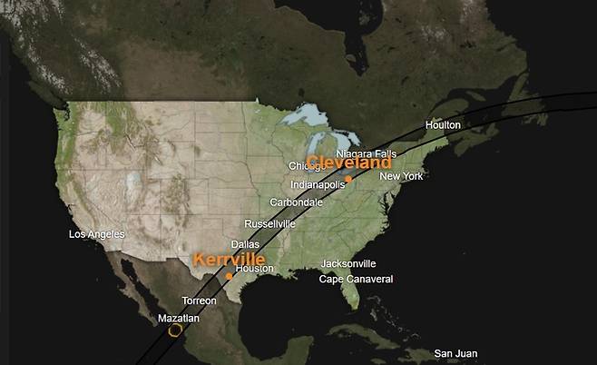 오는 8일(현지시간) 북미를 가로지르며 발생할 개기일식을 관찰할 수 있는 지역(검은색 띠). 멕시코부터 미국, 캐나다 국토를 아우른다. 미국 항공우주국(NASA) 제공