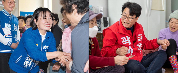 4·10 총선에서 부산지역 전체 유권자 중 60대 이상 유권자가 처음으로 100만 명을 돌파하면서 ‘그레이보터 표심’의 향방이 더욱 중요해졌다. 2일 더불어민주당 박인영(금정·왼쪽 사진) 후보와 국민의힘 곽규택(서동) 후보가 각각 어르신 유권자를 만나 지지를 호소하는 모습.  이원준 전민철 기자 jmc@kookje.co.kr