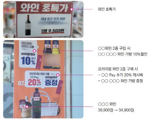 한국건강증진개발원이 지난달 말 내놓은 ‘주류 판매자용 주류광고 준수사항 안내서’에 법 위반 사례로 꼽힌 주류 할인 행사 전단물.(사진=한국건강증진개발원 안내서 캡처)