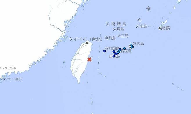 일본 기상국이 발표한 대만 지진 상황. 뉴스1