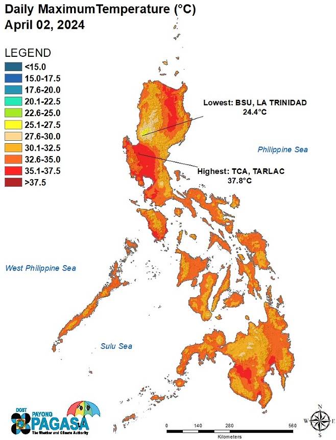 필리핀 기상청의 지난 2일 최고기온 분포도. 35도를 넘긴 지역(붉은색)이 적지 않다. (사진 출처:필리핀 기상청 홈페이지)