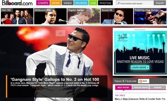 미국 빌보드 핫100 2위에 오른 강남스타일의 빌보드 메인 페이지 캡처 화면. 서울경제 DB