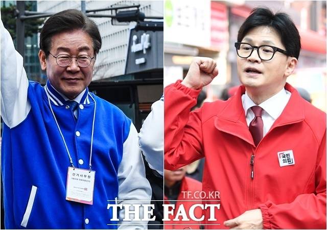 4·10 총선 사전투표가 5일부터 6일까지 양일간 진행된다. 여야 지도부는 저마다 사전투표율이 높으면 자당 승리에 더 유리하다며 사전투표를 독려하고 있다. 사진은 이재명 민주당 대표(왼쪽)와 한동훈 국민의힘 비대위원장. /이동률·이새롬 기자