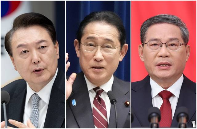왼쪽 사진부터 윤석열 대통령, 기시다 후미오 일본 총리, 리창 중국 총리. 뉴시스