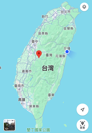 붉은 위치 표시가 25년전 921대지진이 강타한 난터우현 지지(集集). 오른쪽 파란 점이 3일 지진이 난 화롄시다.