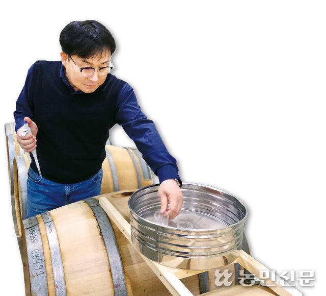 김진만 청산녹수 대표가 오크통에서 숙성한 소주의 주질을 확인하고 있다.