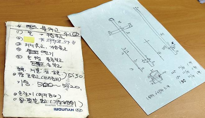 십자가에 매달려 숨진 채 발견된 김씨의 천막에서 나온 메모. 메모에는 십자가 제작방법 등이 적혀있다. ⓒ연합뉴스