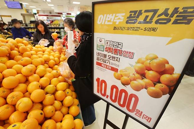 지난달 29일 오전 서울 용산 이마트 용산점에서 시민들이 오렌지를 고르고 있다./ 연합뉴스