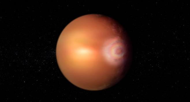 지구에서 640광년 떨어진  WASP-76b 행성에서 늘 밤인 오른쪽에 무지개색 빛이 원형으로 빛나는 글로리 현상이 포착됐다./ESA