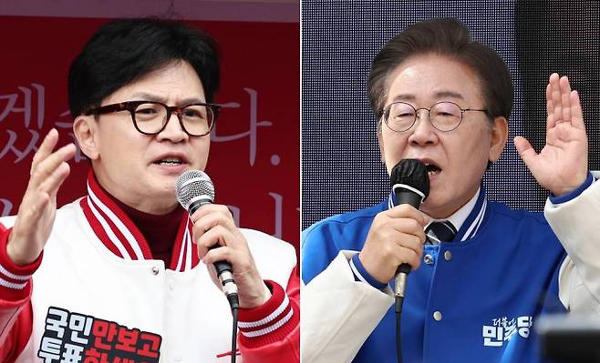 총선을 이틀 앞두고 이재명 더불어민주당 대표와 한동훈 국민의힘 비상대책위원장이 막판 표심잡기에 나선다. 사진은 지난달 30일 각각 서울과 인천에서 주말 지원유세를 하고 있는 이재명 더불어민주당 대표(오른쪽)와 한동훈 국민의힘 비상대책위원장. /사진= 뉴스1