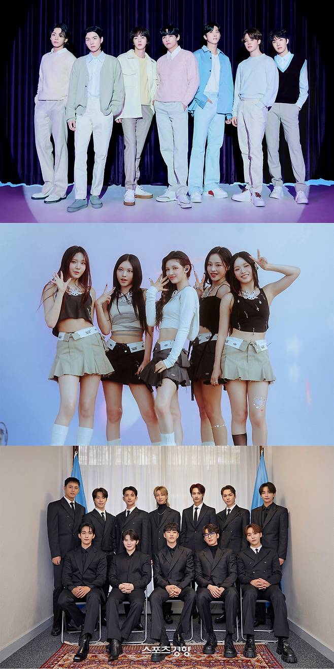 하이브 소속 가수인 방탄소년단(위부터), 뉴진스, 세븐틴. 경향신문 자료사진