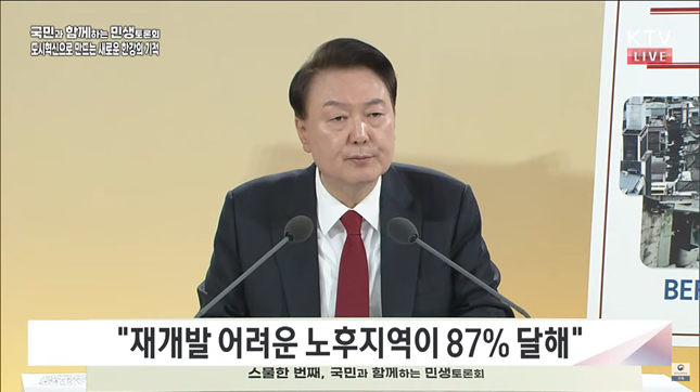 윤석열 대통령이 지난달 19일 스물 한 번째 민생토론회를 열고 뉴빌리지 등 노후 주거지 개선 방안에 대해 발언하고 있다./KTV 방송 화면 갈무리