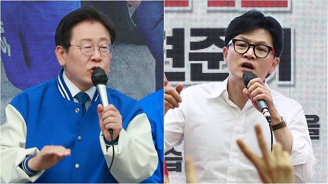 4.10 총선을 이틀 앞둔 8일 지지를 호소하는 더불어민주당 이재명 대표, 국민의힘 한동훈 비대위원장./뉴시스·뉴스1