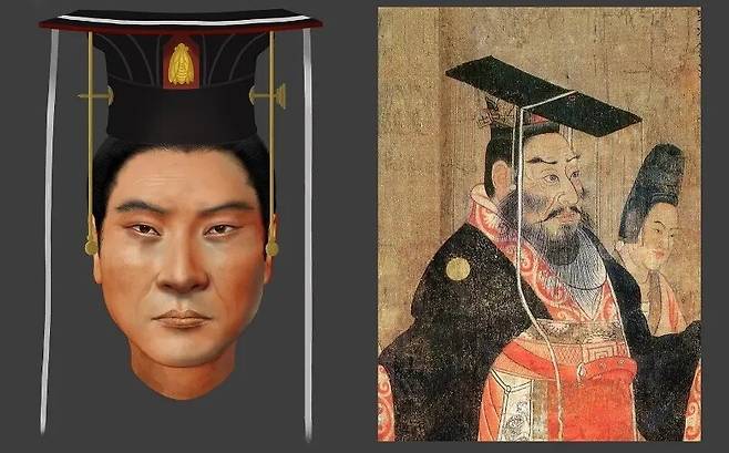 유전자 정보를 토대로 디지털로 복원한 중국 남북조시대 북주 무제의 얼굴(왼쪽)과 당나라 시대에 그려진 것으로 알려진 13황제 두루마리 그림 속의 무제(오른쪽). 푸단대 제공