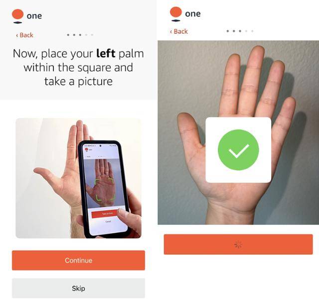 아마존 원 애플리케이션을 이용해 손바닥 정보를 등록하는 과정. 앱이 안내하는 대로 스마트폰 카메라로 손바닥을 비추면 금방 등록이 완료된다. 아마존 원 애플리케이션 캡처