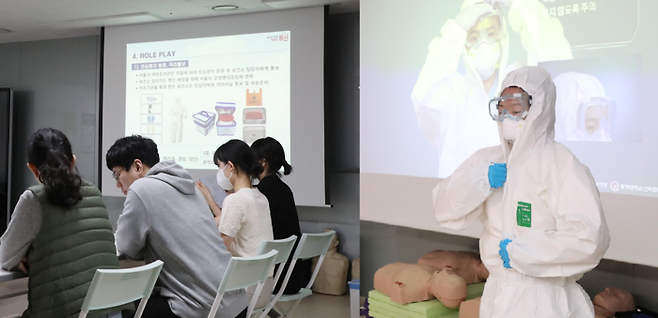 지난 5일 서울 용산구보건소 심폐소생술 교육장에서 중동호흡기증후군(메르스) 의심 환자 발생 상황을 가정한 토론식 모의훈련(왼쪽)이 이뤄지고 있다. 훈련 중 개인 보호구를 실제 착용해 보고 있는 직원 모습(오른쪽). 용산구 제공
