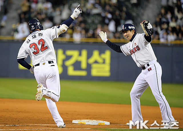 9일 잠실 한화전에서 역전 3점포를 쏘아올린 두산 김재환. 사진(잠실 서울)=천정환 기자