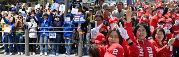 4·10 총선 사전투표율이 역대 총선 최고치를 기록하며 선거 분위기가 고조되는 가운데 각 당은 본투표를 앞두고 주말 선거 유세를 이어 갔다. 더불어민주당 지지자들이 7일 서울 서초구 양재역 인근의 민주당 총선 유세 현장에서 손을 흔들며 응원하고 있다(왼쪽 사진). 오른쪽 사진은 같은 날 충남 서천시 서천특화시장 유세장에서 손으로 여당 기호인 숫자 ‘2’를 그려 보이는 국민의힘 선거운동원과 시민들의 모습. 2024.4.7  서울 홍윤기 기자·서천 안주영 전문기자