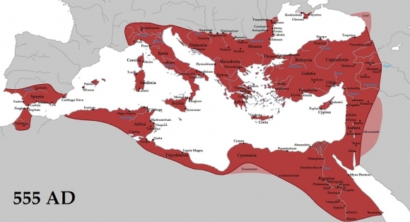 555년 유스티니아누스 대제가 만든 동로마제국의 최대 영토이다. 유스티니아누스 대제는 로마제국 영토의 상당부분을 회복했다. 사진: 위키피디아.