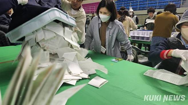 제22대 국회의원 선거 개표가 시작된 10일 오후 강원 춘천시 호반체육관에서 개표소에서 선거사무원들이 투표함을 개함하고 있다. 